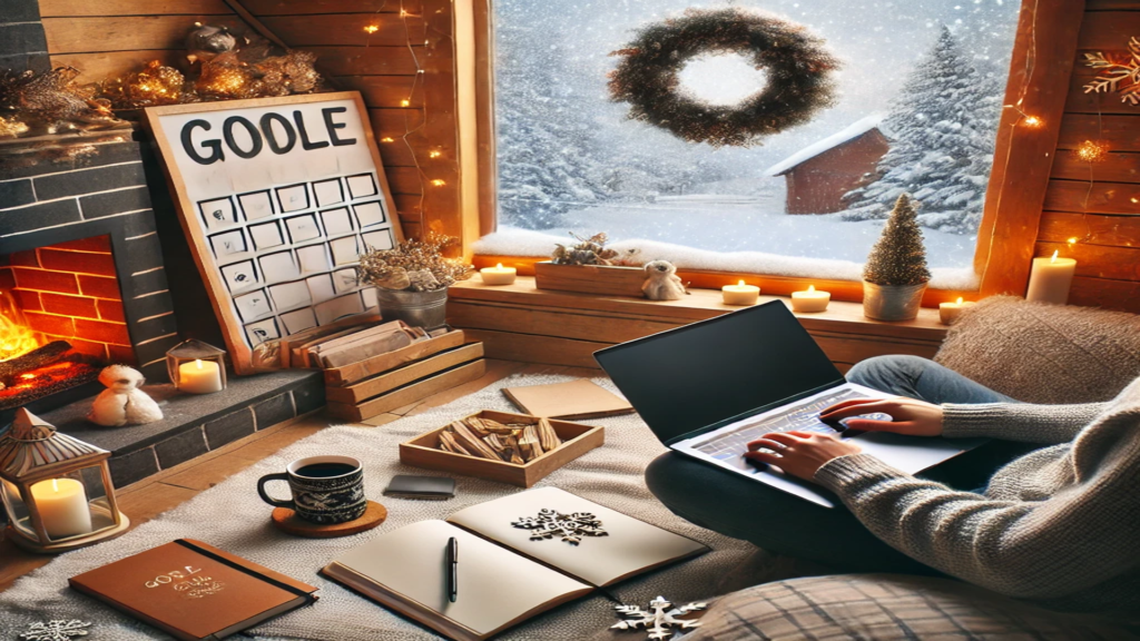 A person working by a fireplace surrounded by winter decorations, symbolizing productivity and self-improvement during the Winter Arc.