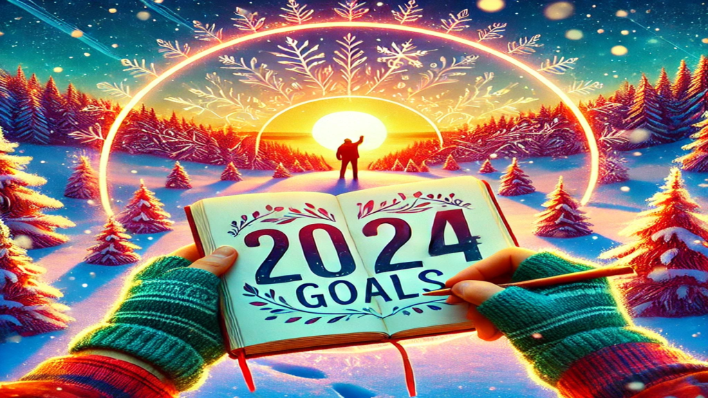 A figure standing on a snowy hill with a journal labeled "Goals 2024," overlooking a sunrise, representing the Winter Arc journey.