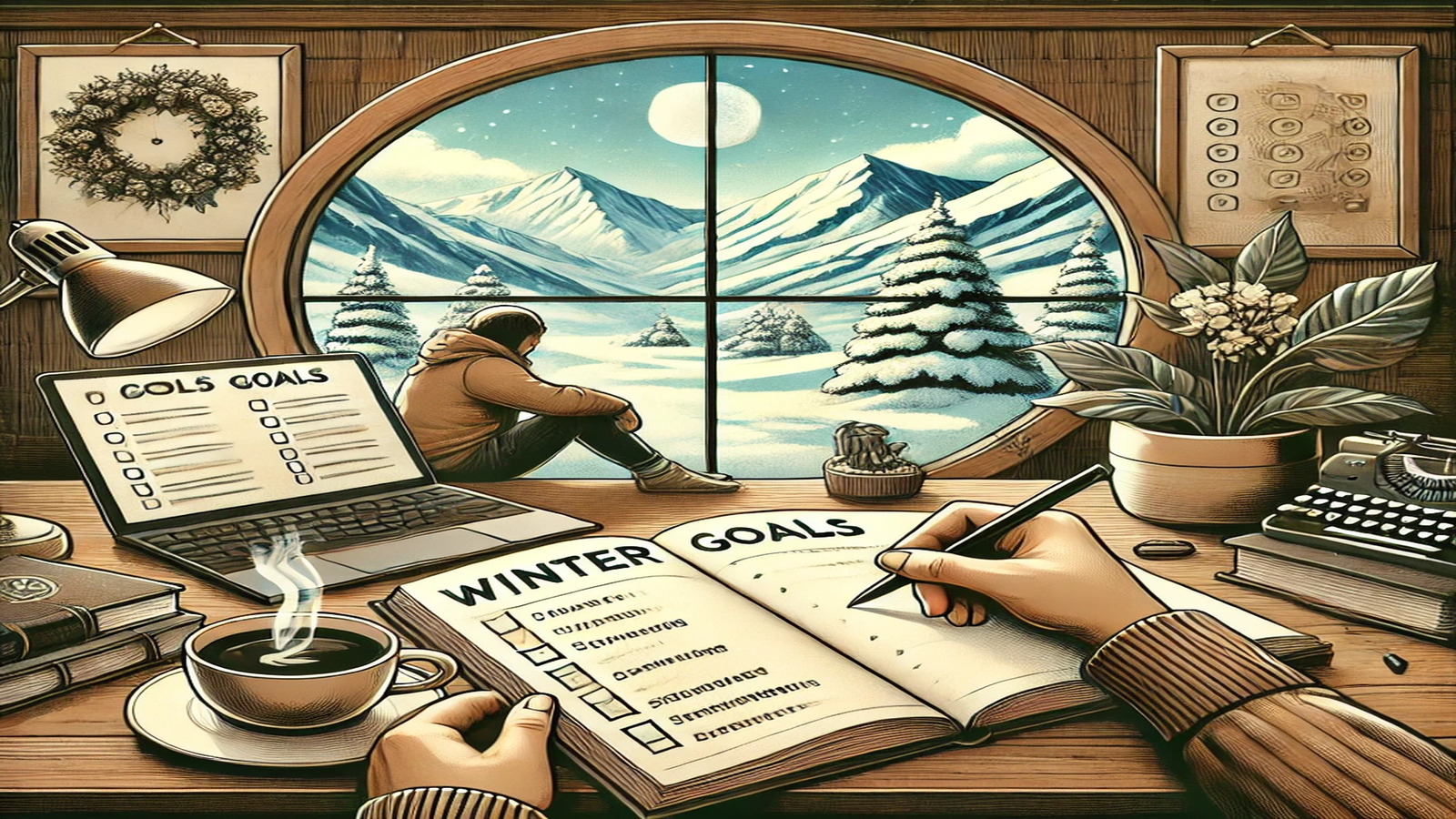 A cozy workspace by a window with snowy mountains outside, representing goal-setting during the Winter Arc.